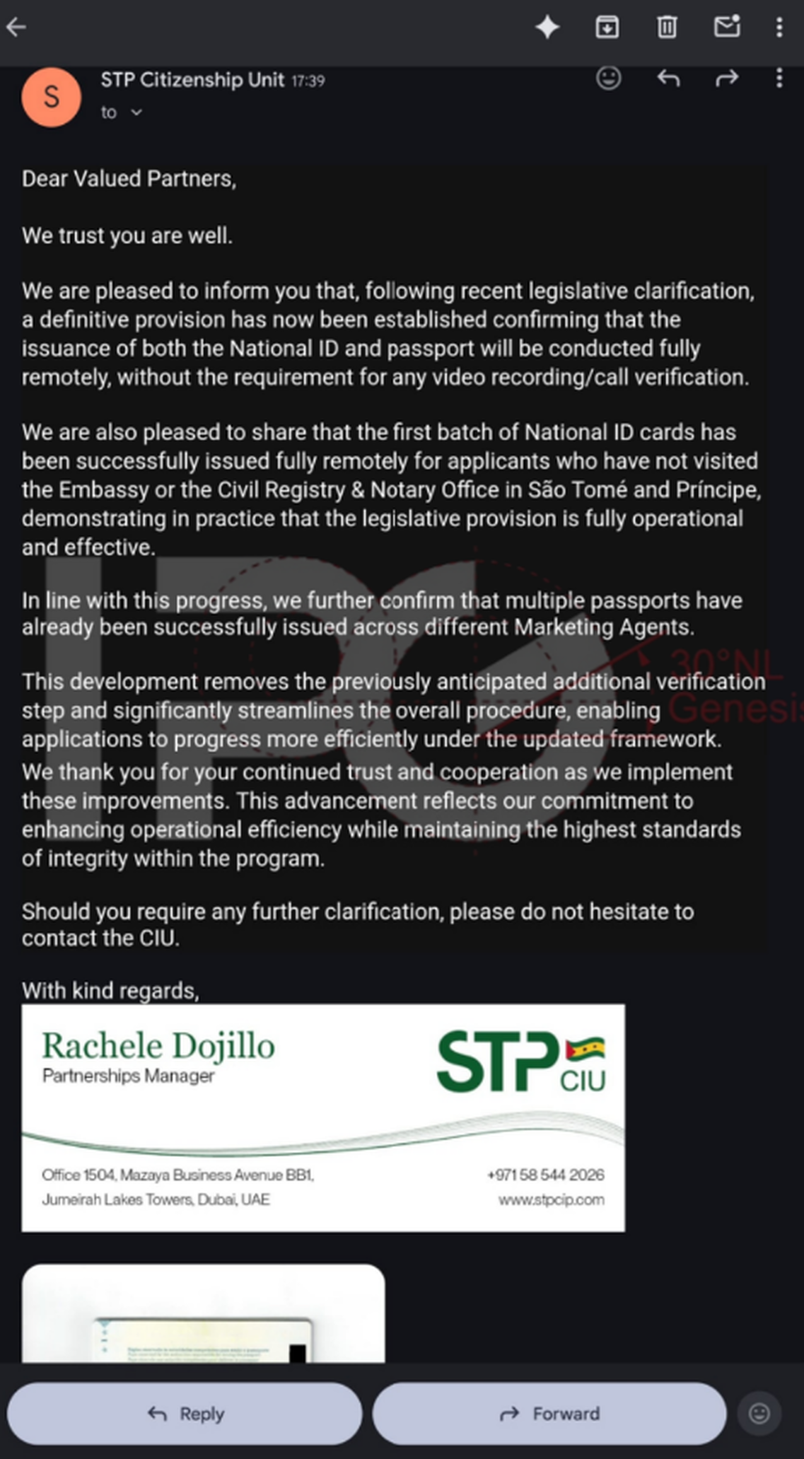 STP Citizenship Unit official email to licensed agents — April 30, 2026 (English version, redacted)