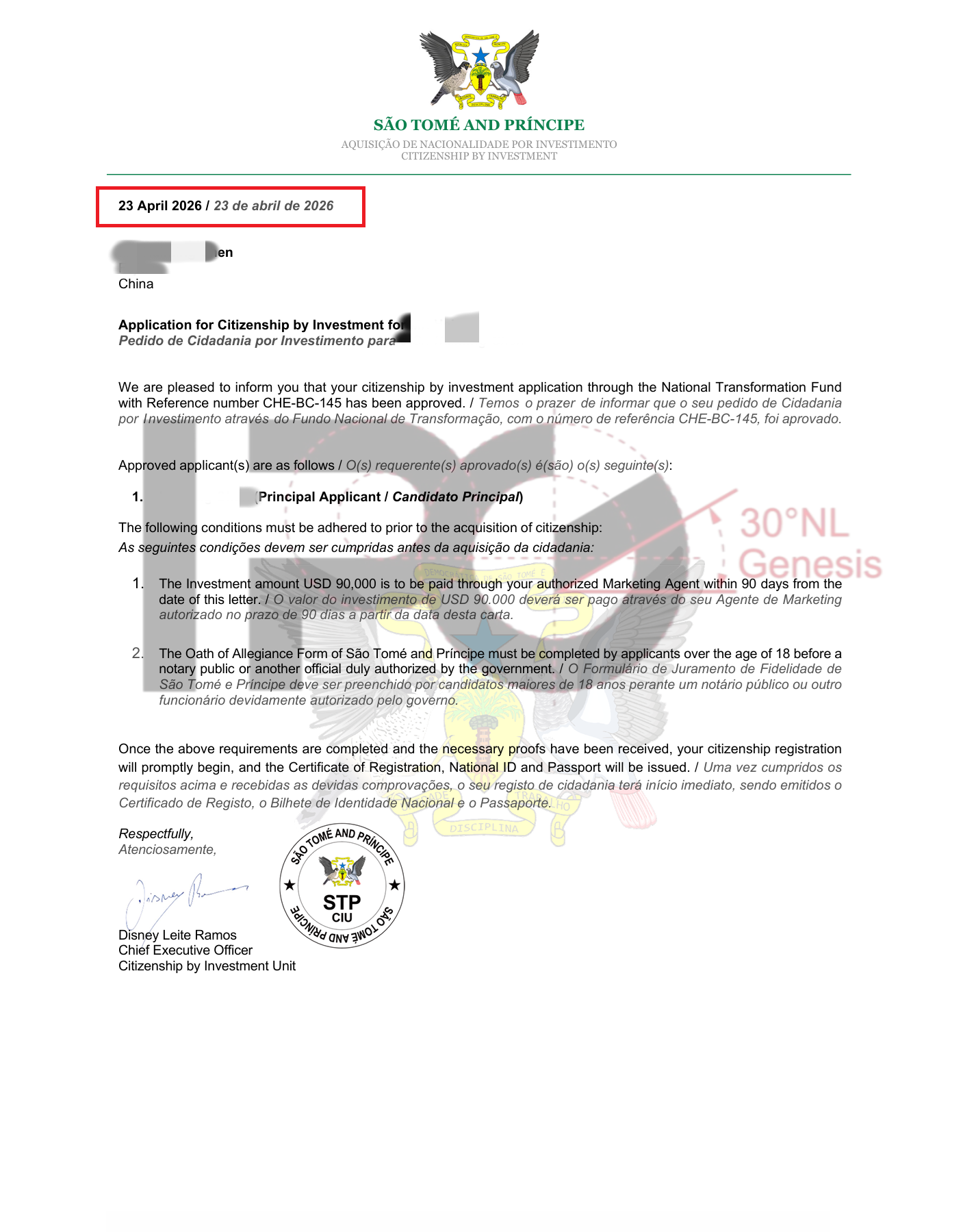 Family #3 — São Tomé approval letter