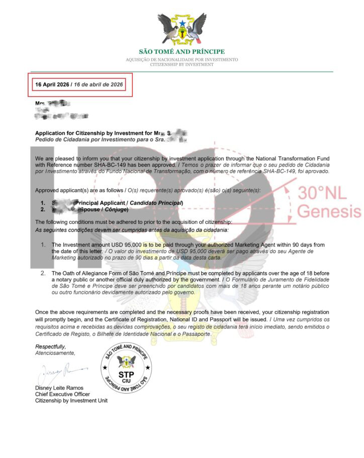 Family #2 — São Tomé approval letter